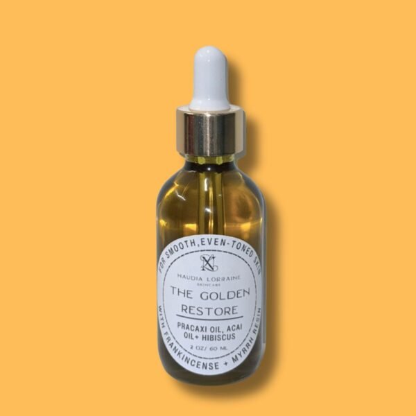 Golden Restore face and body oil in glass dropper bottle – calming oil with baobab, camellia, and frankincense