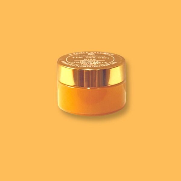 Golden Kiss botanical lip balm in white jar – moisturizing overnight lip treatment with peptides