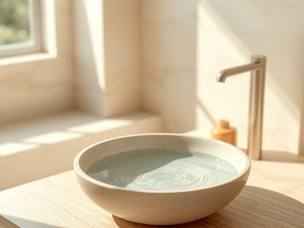 A ceramic bowl with clear water sits on a stone or wood surface, with subtle ripples in the water.